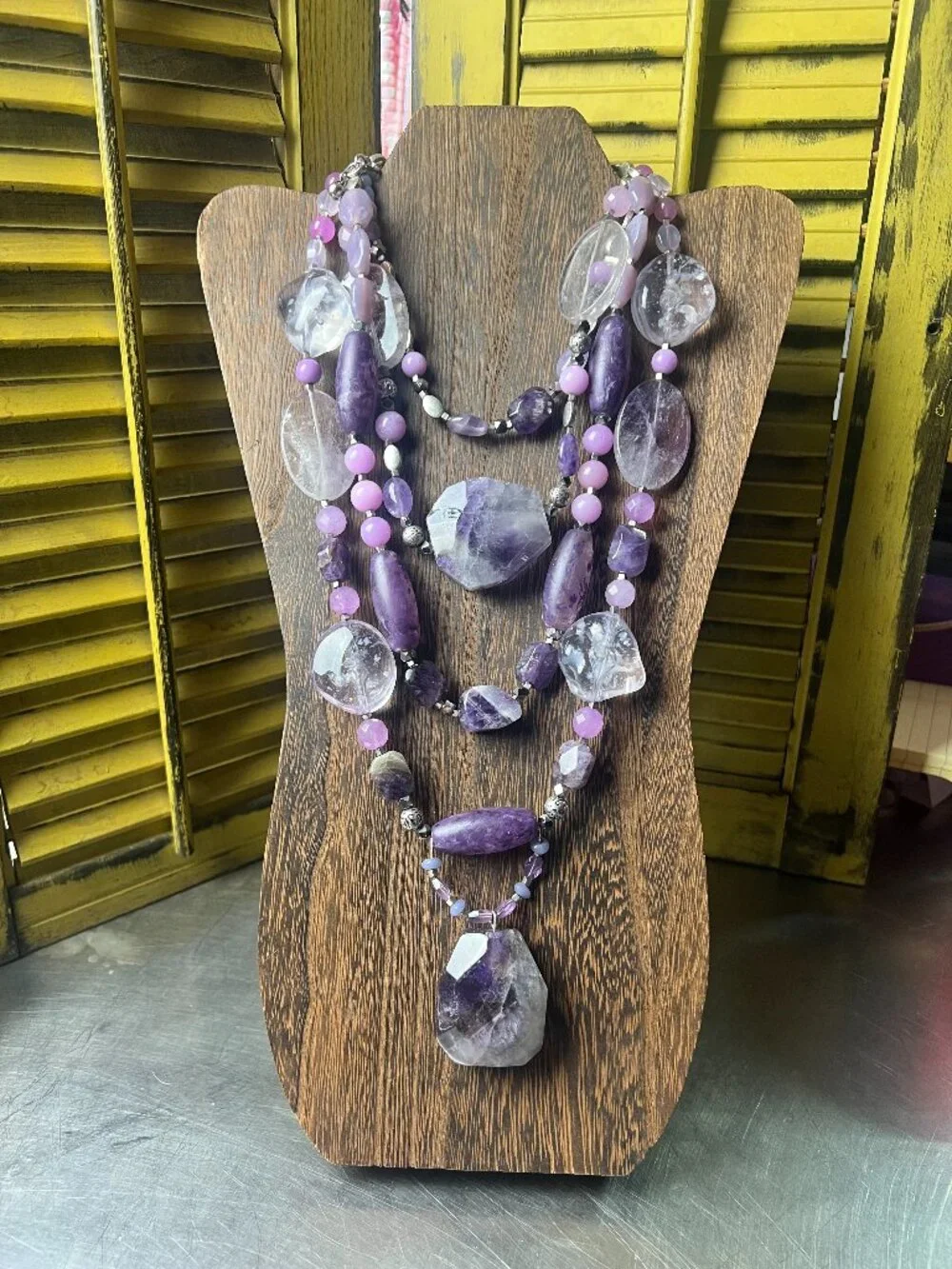 Chico's Natural Amethyst Stone and Clear Quartz Multi-Layer Statement Necklace